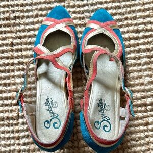 Seychelles Teal, Coral & Gold Leather Cone Heels sz 10